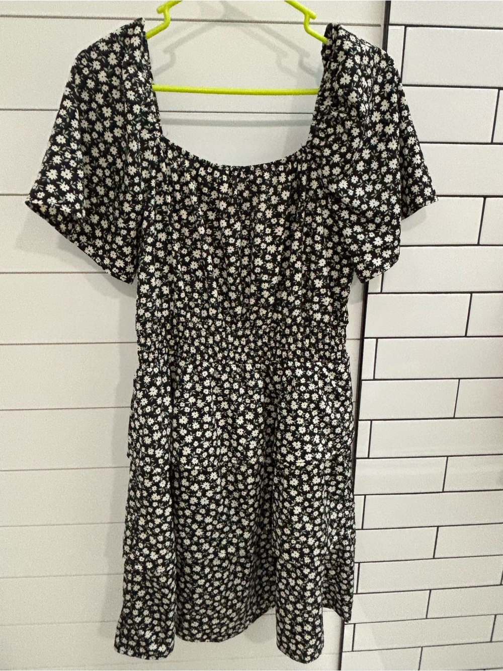 Black Floral Mini Dress with Square Neck and Smocked Waist